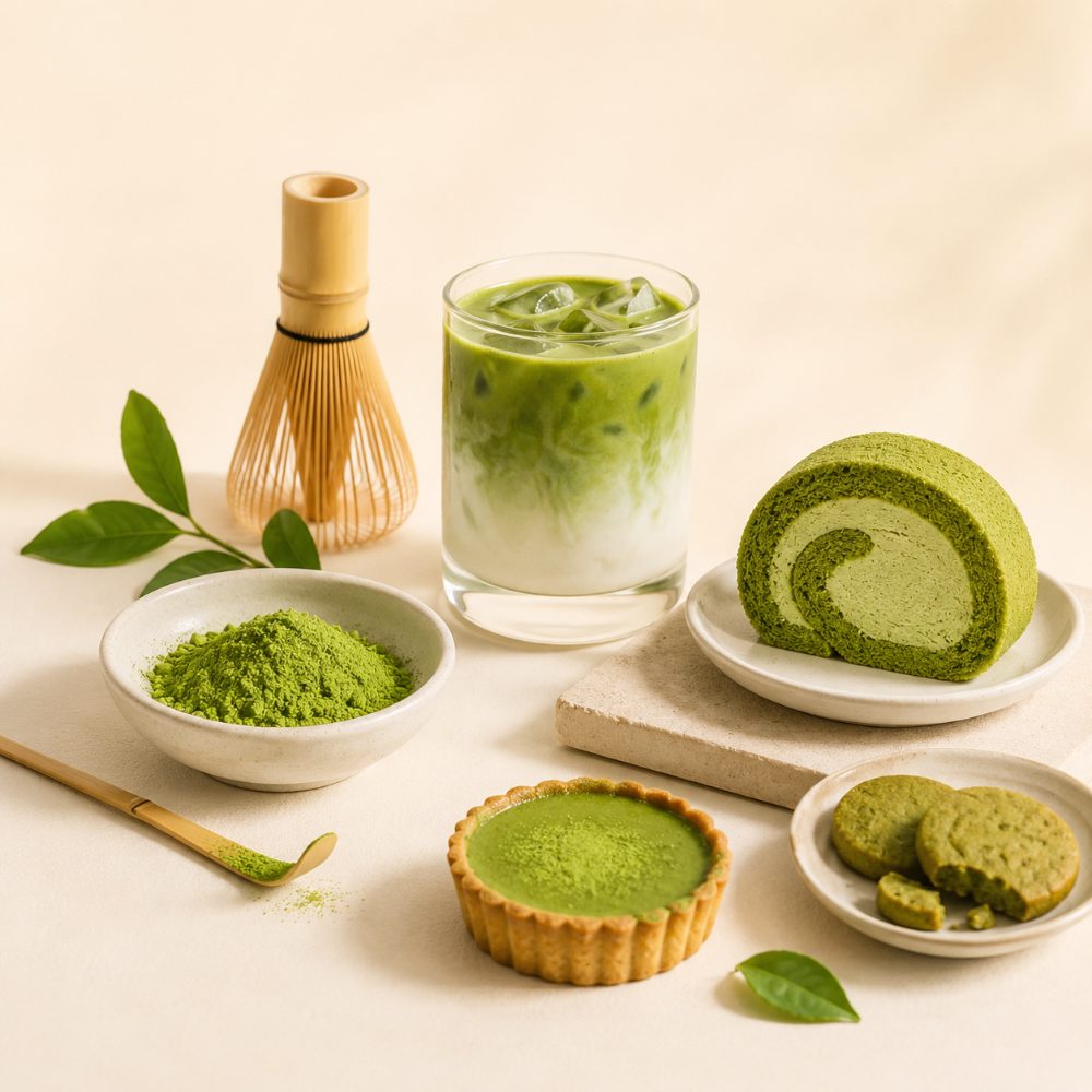 Matcha latte, bánh cuộn, tart và bánh quy matcha cùng bột matcha nguyên chất